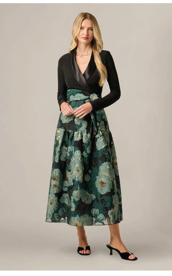 Long Sleeve Jacquard Tuxedo Ankle Length Combo Dress In Black Emerald