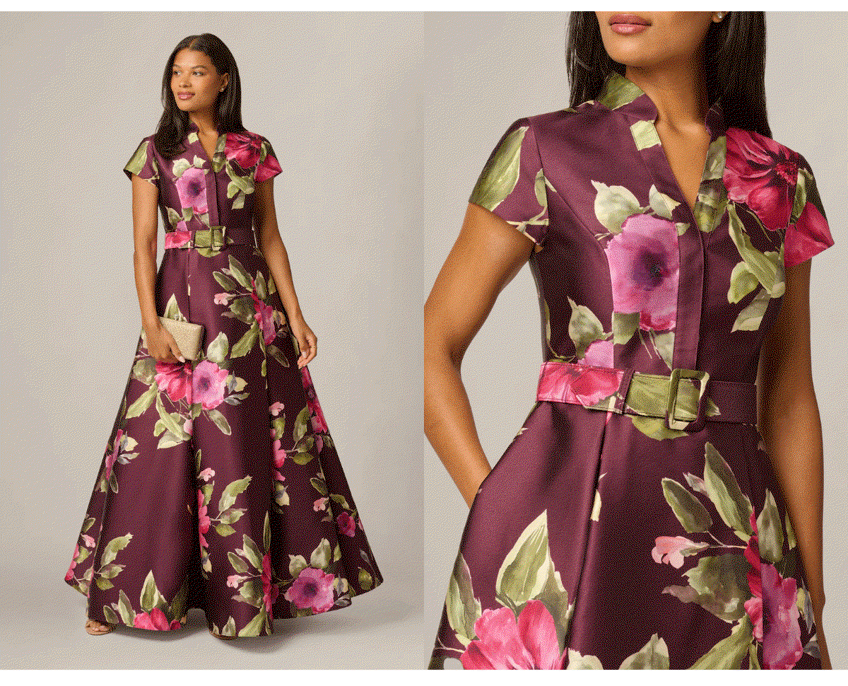 Short Sleeve Magnolia Floral Ballgown In Wine Multi