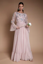 Sequin Long Sleeve Ruffle Mesh Maxi Bridesmaid Dress