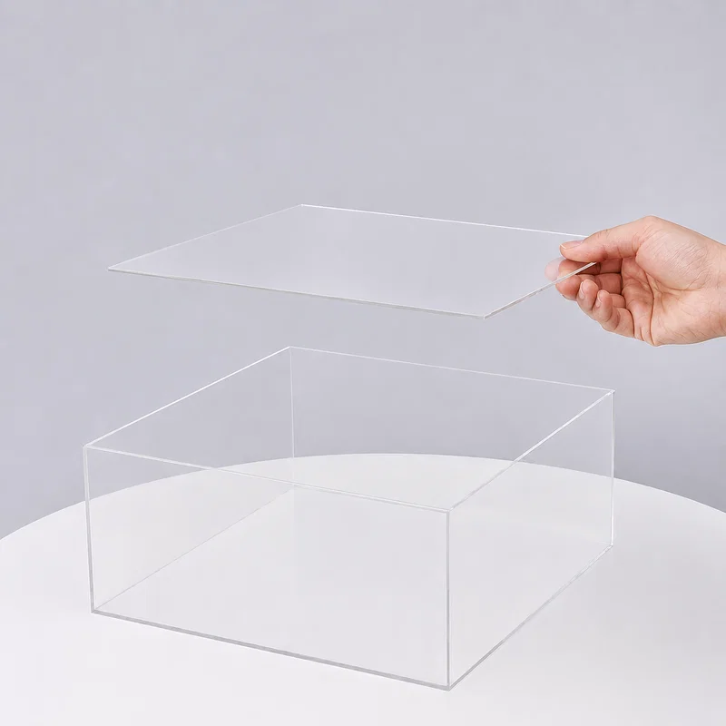 Clear acrylic gift box with the removable lid lifted off