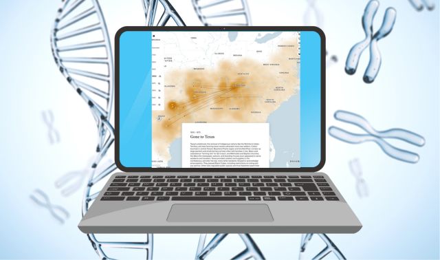 A laptop displaying a migration map of the southeastern United States, with DNA double helix graphics in the background.