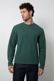 Olive Waffle Long Sleeve Henley T-shirt