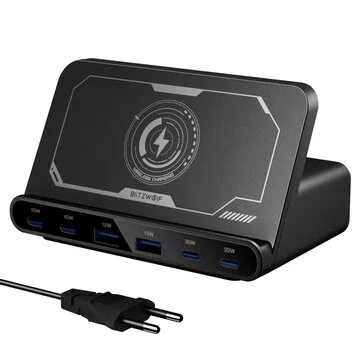BlitzWolf® BW-S27 160W 6-Port USB PD Desktop Fast Charger 2USB-A+4USB-C PD3.0 QC4.0 AFC FCP SCP PPS PE with 15W 10W 7.5W 5W Wireless Charger Desktop Charging Station EU Plug for iPhone 15 14 13 for MacBook Pro for Airpods for Apple Watch