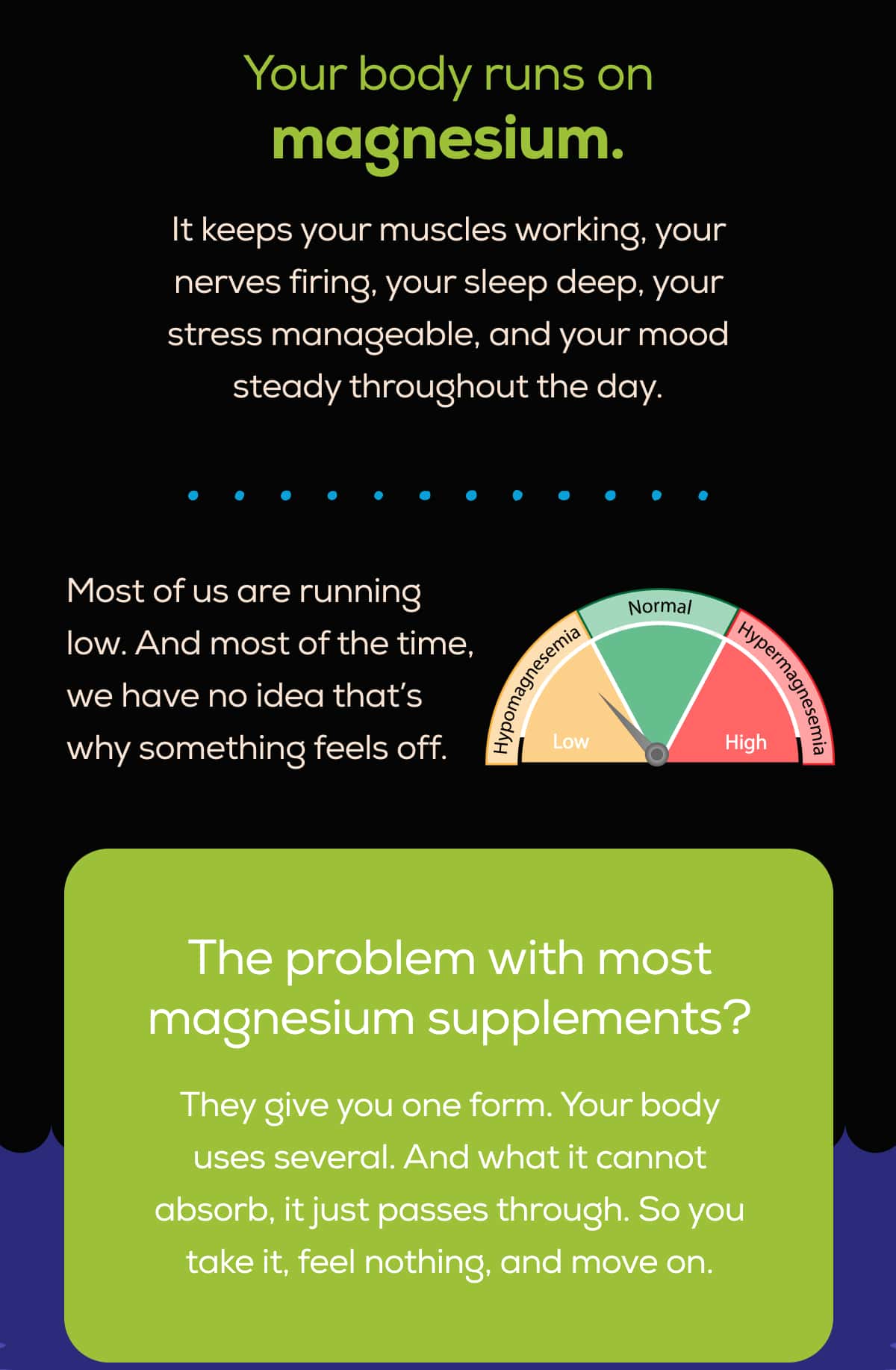 Your body runs on magnesium. It keeps your muscles working, your nerves firing, your sleep deep, your stress manageable, and your mood steady throughout the day.  Most of us are running low. And most of the time, we have no idea that’s why something feels off.  The problem with most magnesium supplements? They give you one form. Your body uses several. And what it cannot absorb, it just passes through. So you take it, feel nothing, and move on.