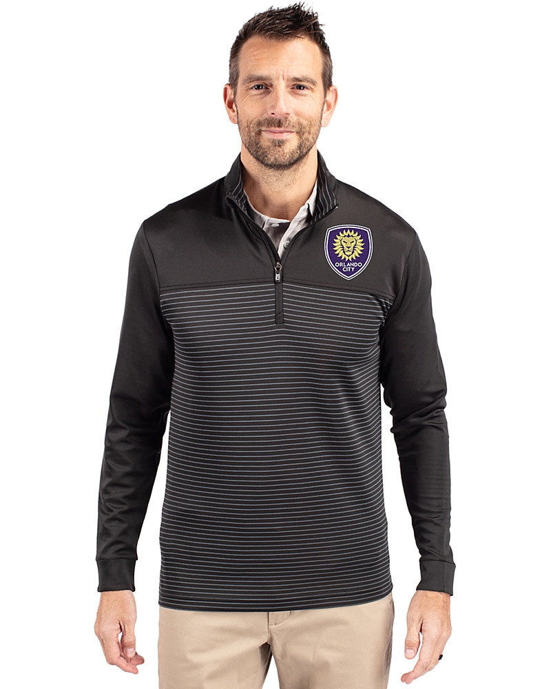 Image of Orlando City SC Cutter & Buck Traverse Recycled Smooth Stretch Mens Stripe Quarter Zip Pullover