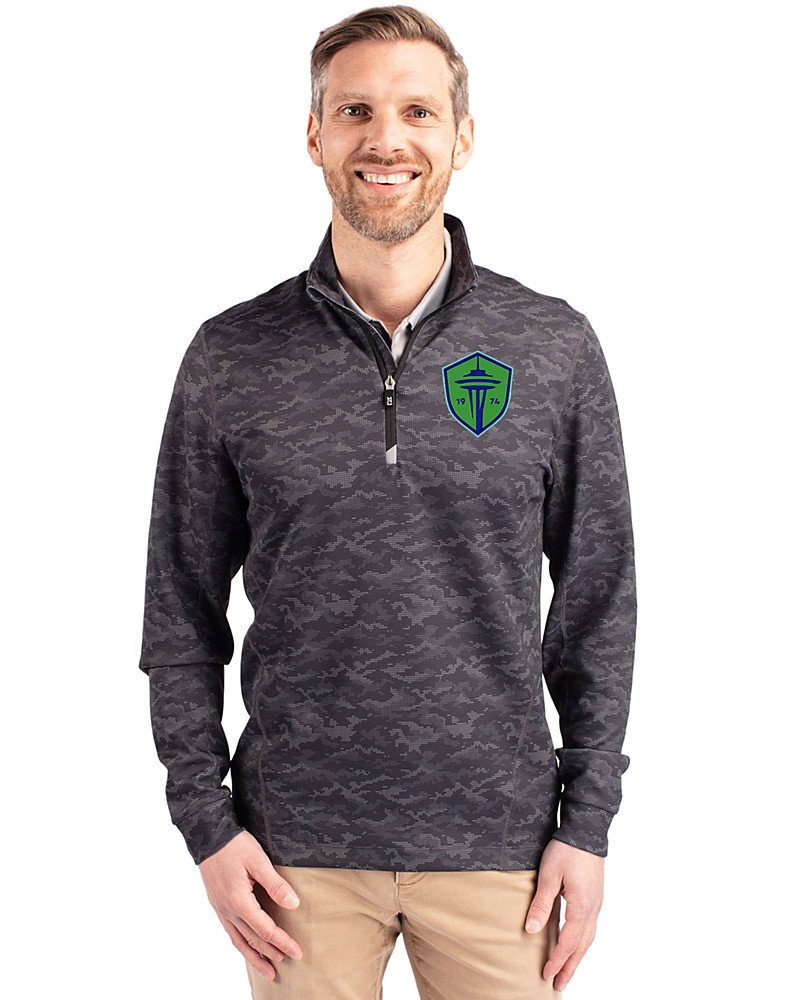 Image of Seattle Sounders FC Cutter & Buck Traverse Recycled Smooth Stretch Mens Camo Quarter Zip Pullover