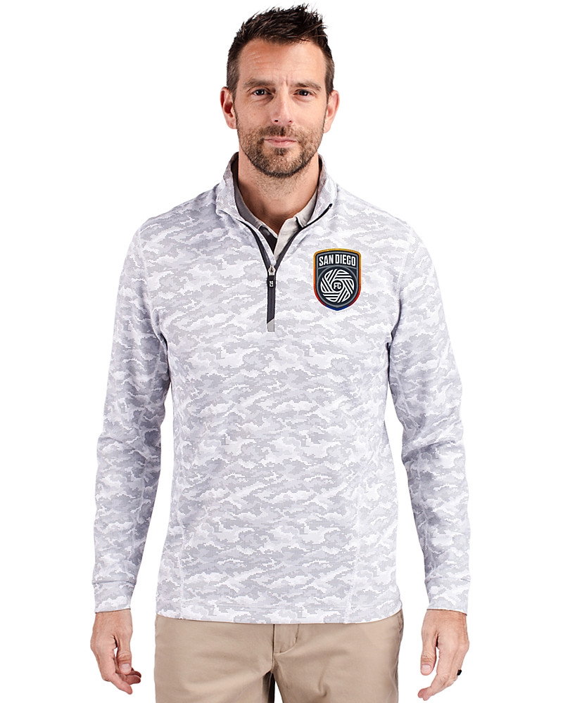 Image of San Diego FC Cutter & Buck Traverse Recycled Smooth Stretch Mens Camo Quarter Zip Pullover