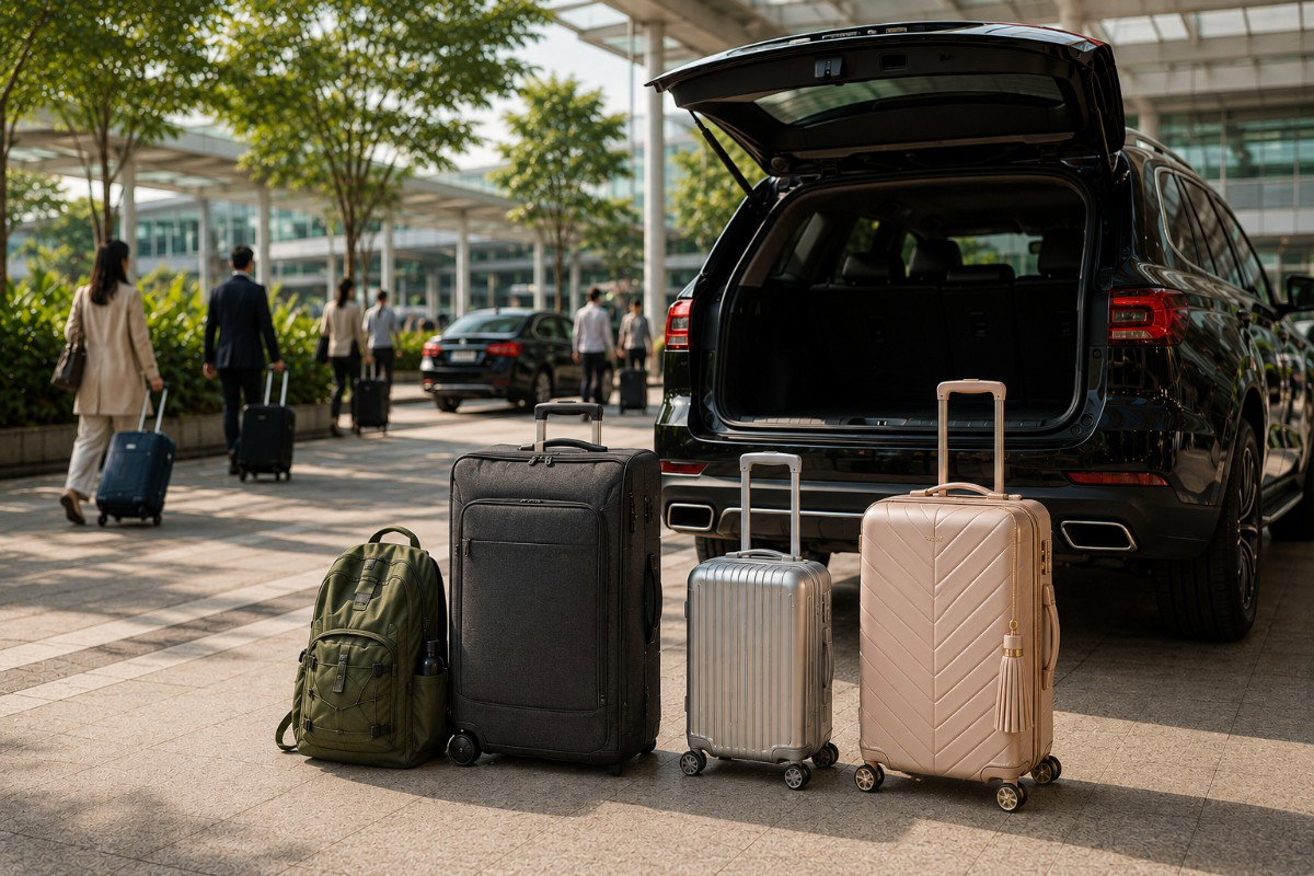 Three travellers with luggage meeting their pre-booked driver outside a busy airport terminal.