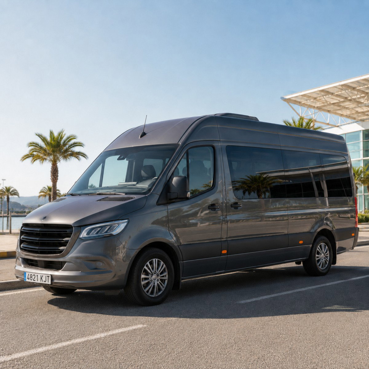 Spacious minibus waiting outside an airport terminal.