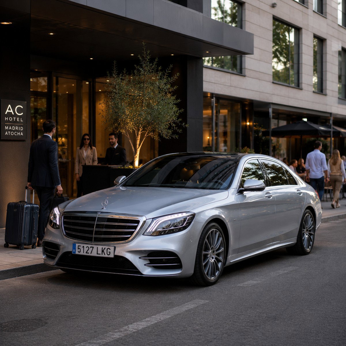 Premium transfer car waiting outside an elegant city hotel.