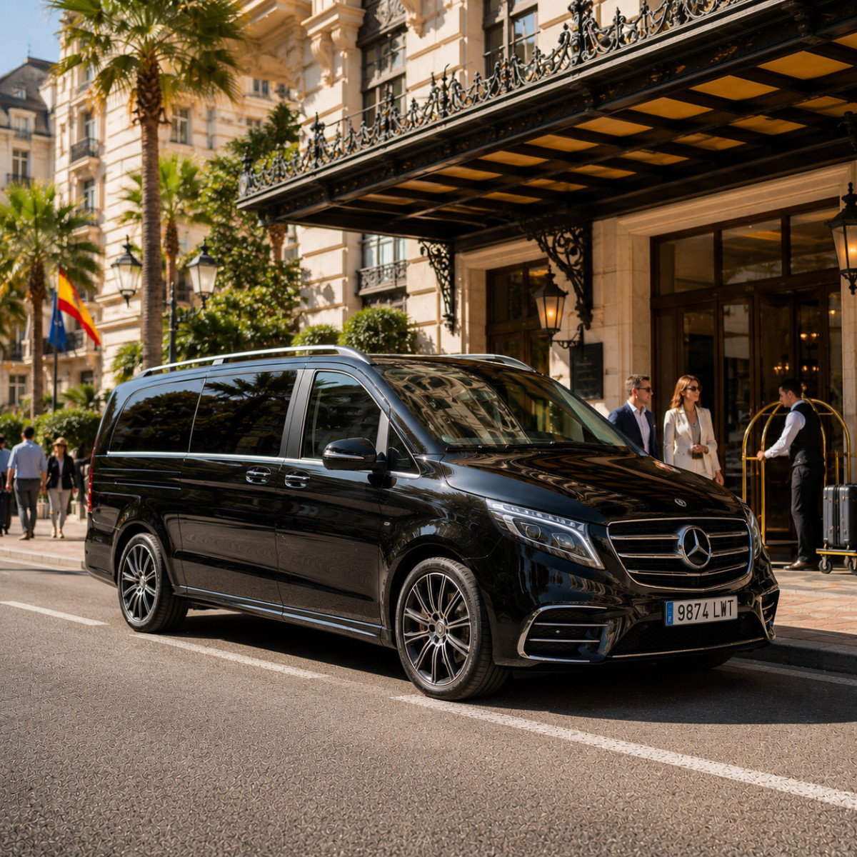 Private transfer vehicle waiting outside a city hotel.