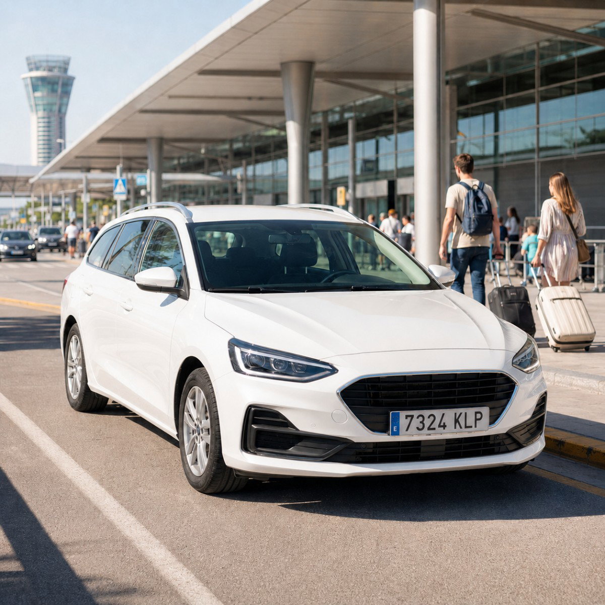 Standard private transfer car waiting outside an airport terminal.