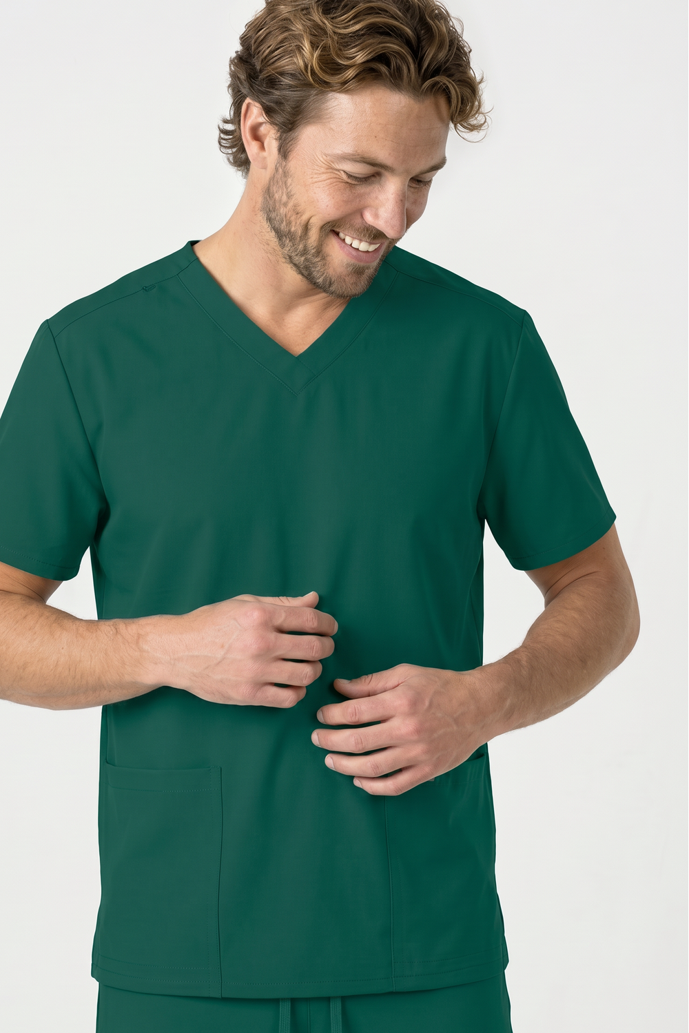 Image of Cherokee Ultra Two Pocket Unisex V Neck Top, Hunter Green