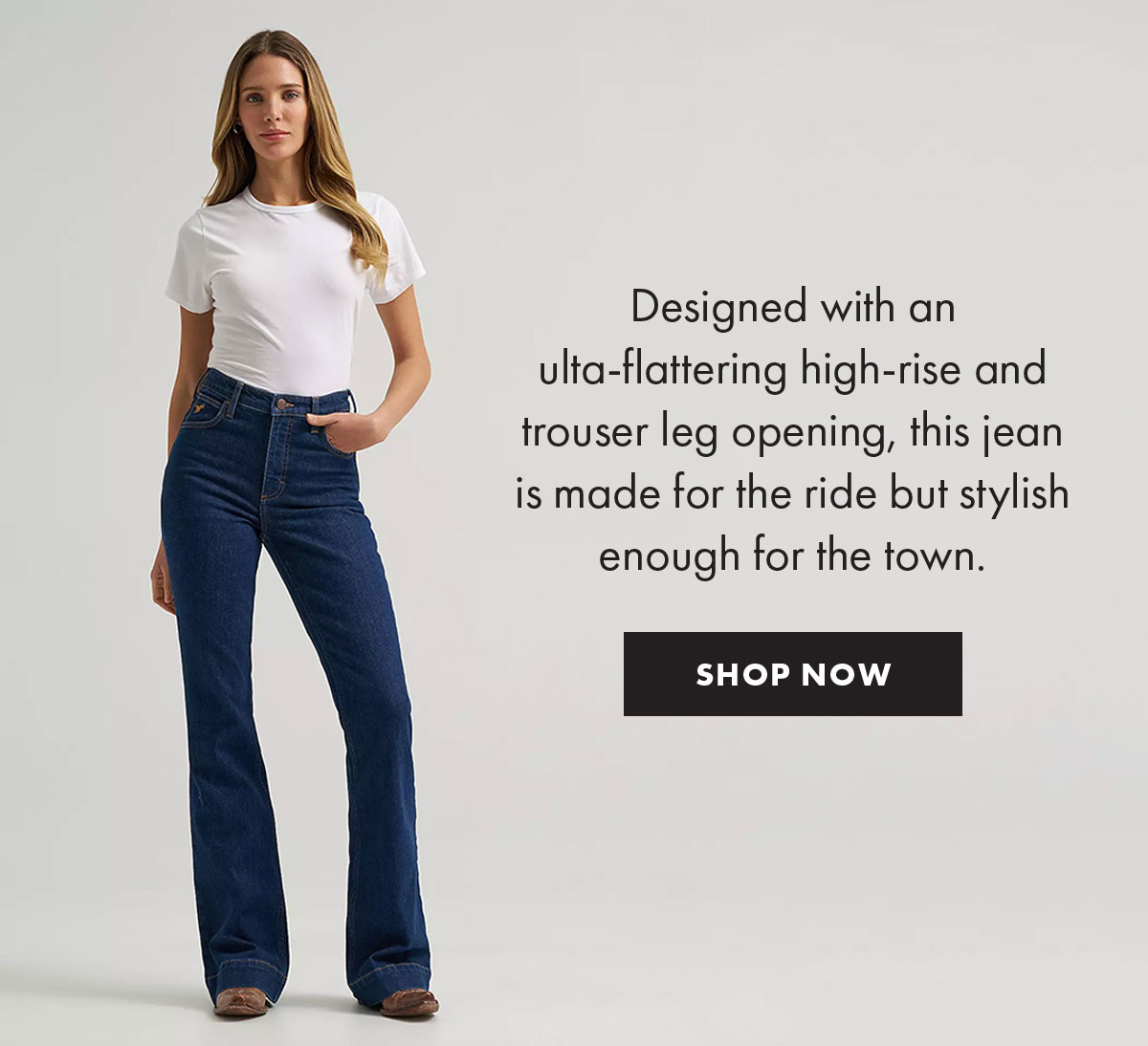 Designed with an ulta-flattering high-rise and trouser leg opening, this jean is made for the ride but stylish enough for the town.