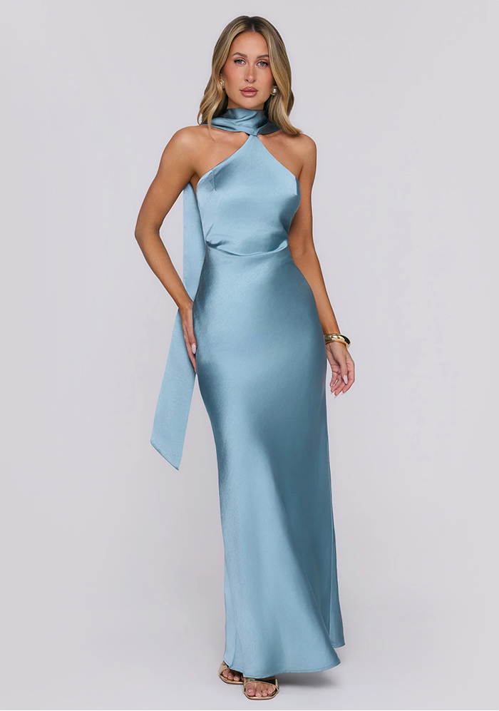 Angelic Love Halter Satin Maxi Dress Steel Blue