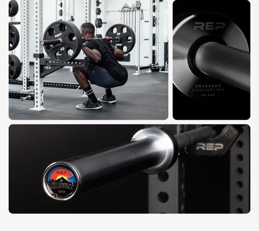 REP Fitness Colorado Bar - 20kg | Key Benefits | Smooth composite bushings prevent painful joint strain Medium volcano knurling grips hard without tearing hands Black Cerakote finish stops garage gym rust Dual knurl markings suit every lifting style Massive 680kg capacity easily handles heavy PRs