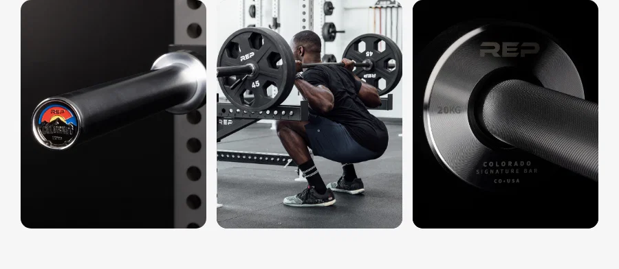 REP Fitness Colorado Bar - 20kg | Key Benefits | Smooth composite bushings prevent painful joint strain Medium volcano knurling grips hard without tearing hands Black Cerakote finish stops garage gym rust Dual knurl markings suit every lifting style Massive 680kg capacity easily handles heavy PRs
