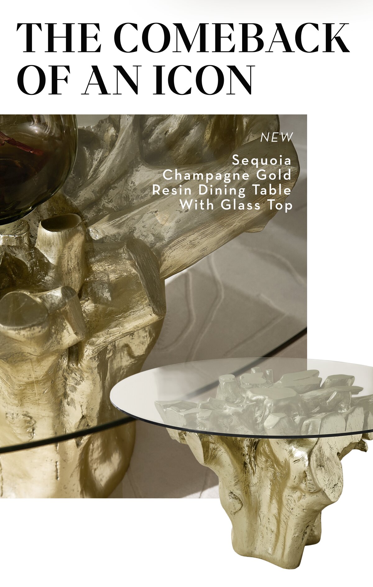 Sequoia Champagne Gold Resin Dining Table With Glass Top