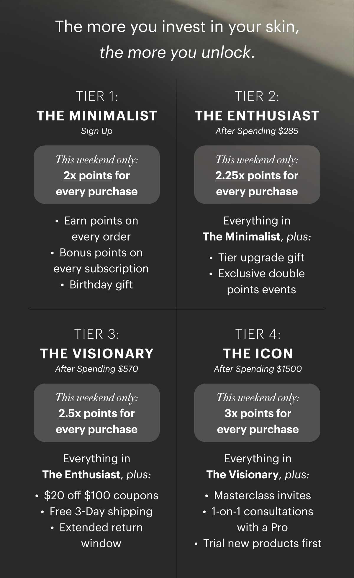 The more you invest in your skin, the more you unlock. The Minimalist - Earn 2x points on every purchase The Enthusiast - Earn 2.25x points on every purchase The Visionary - Earn 2.5x points on every purchase The Icon - Earn 3x points on every purchase