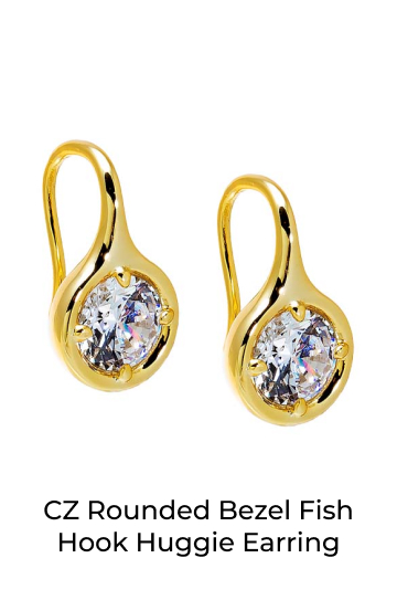 CZ Rounded Bezel Fish Hook Huggie Earring
