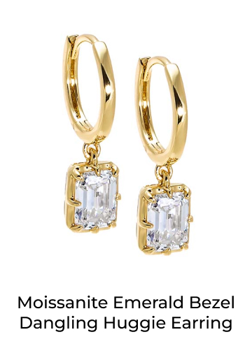 Moissanite Emerald Bezel Dangling Huggie Earring