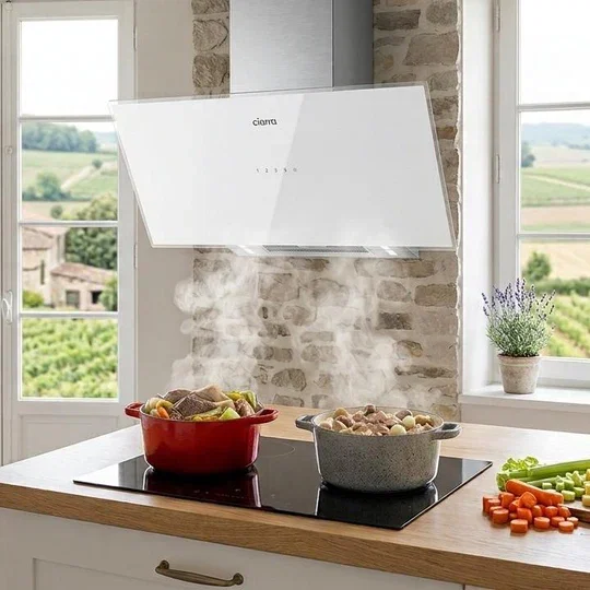 Ciarra Hotte Inclinée 90cm – A+++, Double Mode Recyclage/Évacuation, Verre Blanc & Inox, Connectée | CBCW9763A