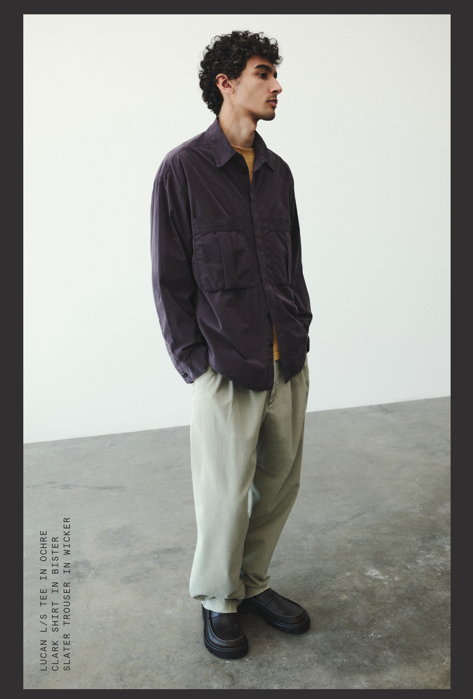 Lucan L/S Tee in Ochre / Clark Shirt in Bister / Slater Trouser in Wicker