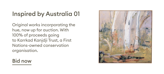 Original works incorporating the hue, now up for auction. With 100% of proceeds going  to Karrkad Kanjdji Trust, a First Nations-owned conservation organisation. Bid now.