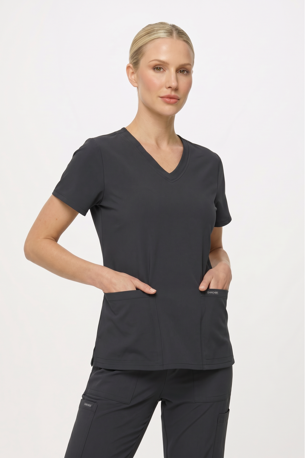 Image of Cherokee Ultra Women's Two Pocket V Neck Top, Pewter