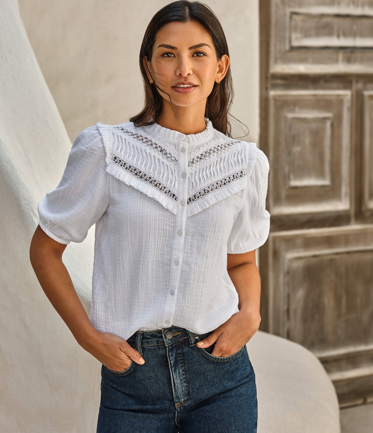 Lace Trim Double Cloth Blouse