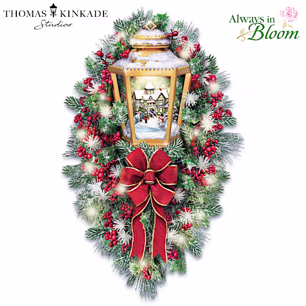 Thomas Kinkade Always In Bloom Illuminated Lantern Wreath