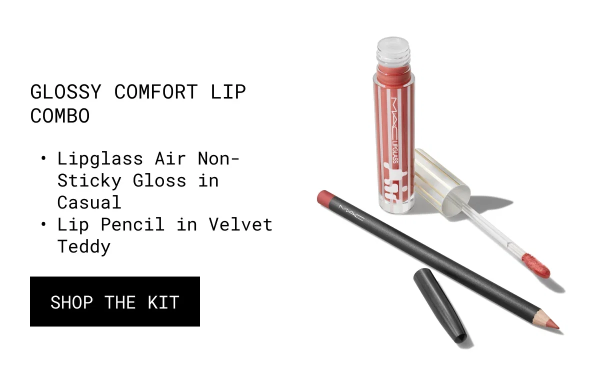 Glossy comfort lip Combo | Lipglass Air Non-Sticky Gloss in Casual | Lip Pencil in Velvet Teddy | shop the kit