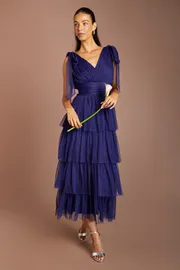 Tie Shoulder Tiered Mesh Bridesmaid Midi Dress
