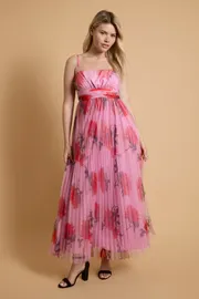 Pleated Mesh Maxi Dress