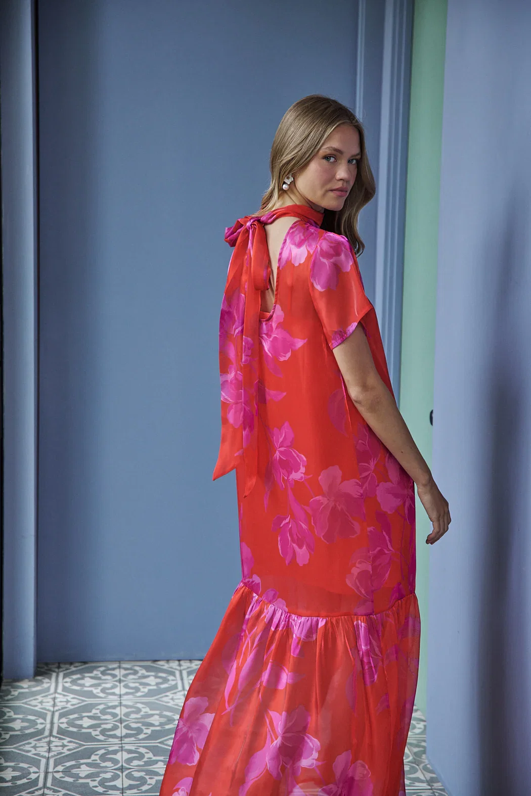 Image of Dime Organza Mockneck Maxi Dress Floral