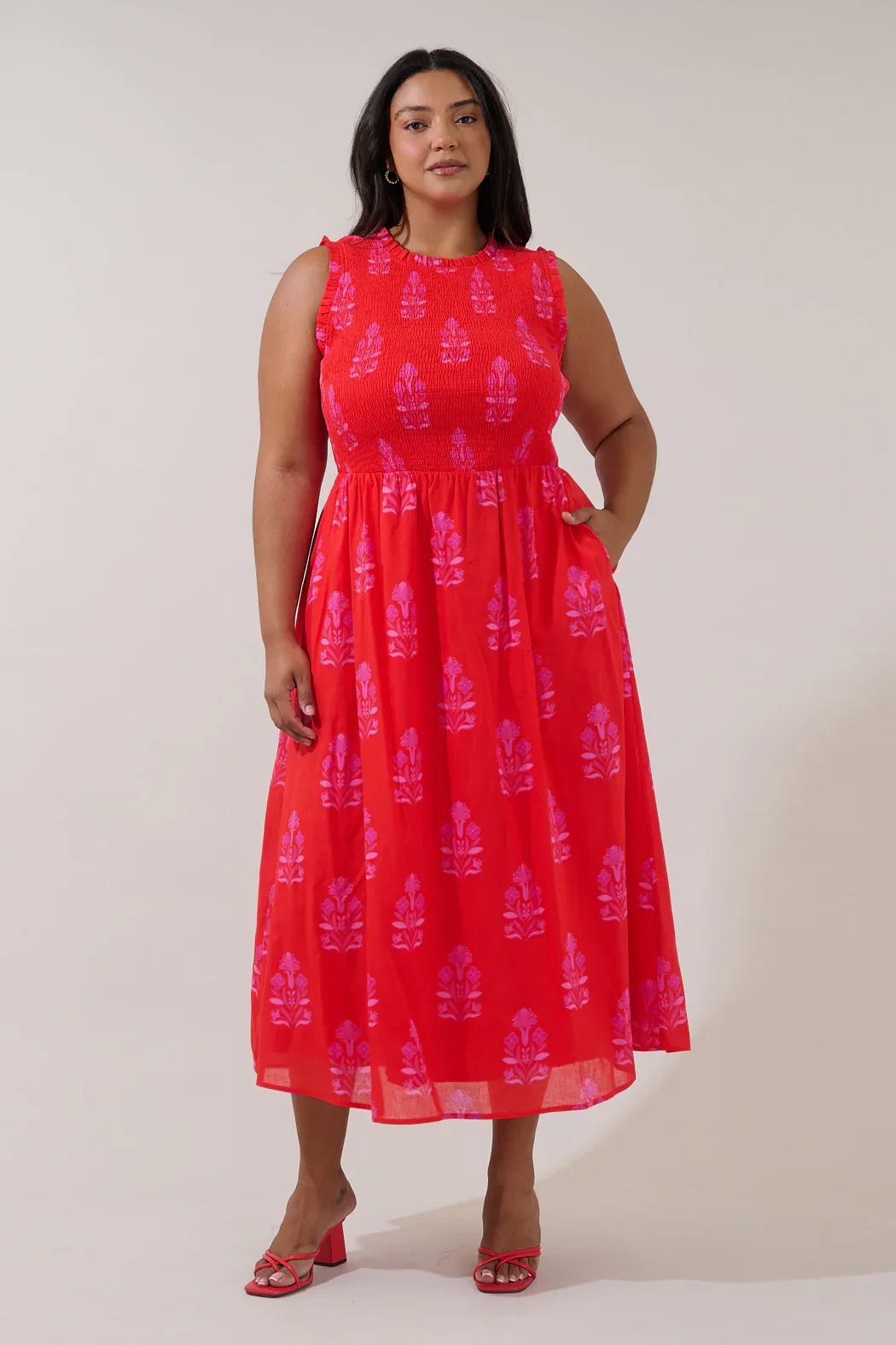 Image of Cecil Smocked Sleeveless Midi Dress Artisan Curve