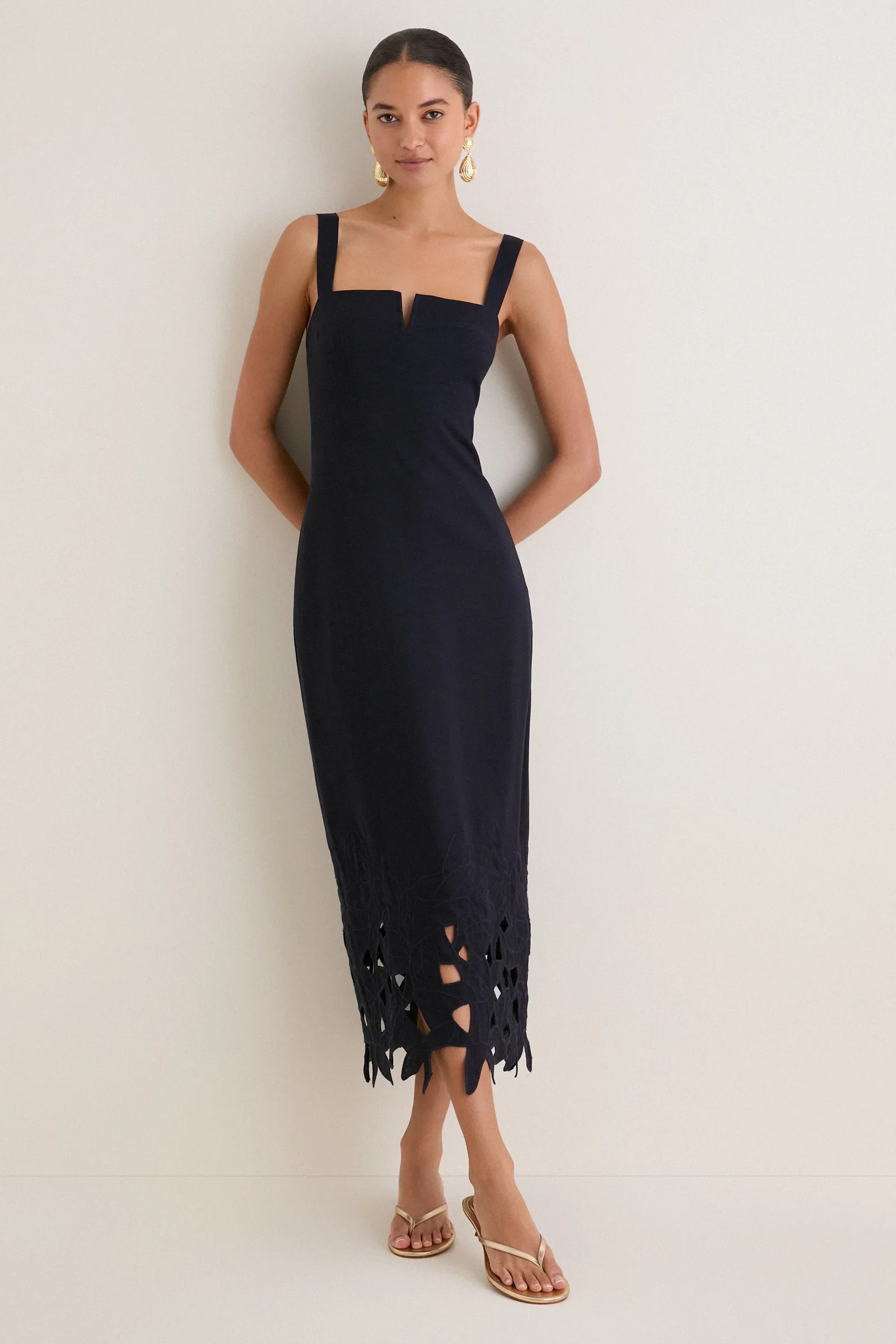 Image of Navy Embroidered Linen Alma Midi Dress