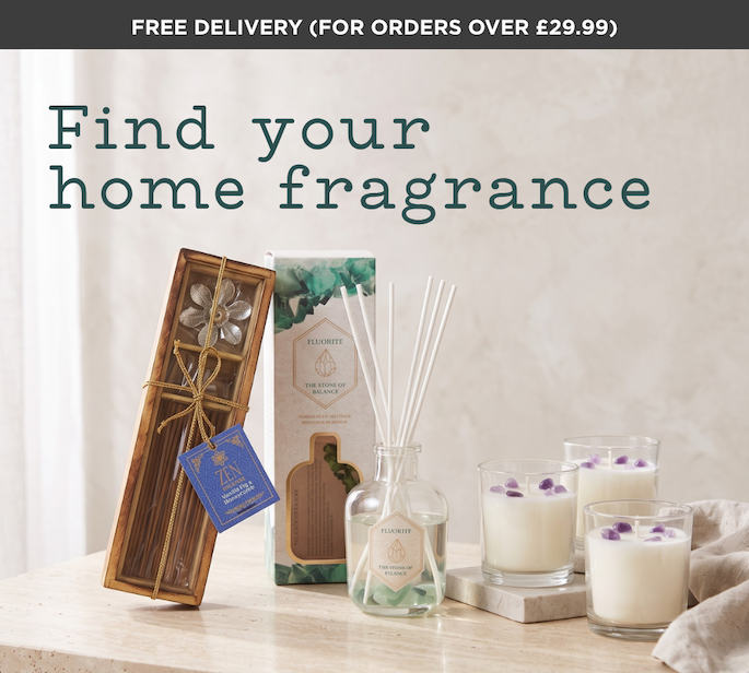 omescapes home fragrance collection featuring Zen incense, a Fluorite reed diffuser, and crystal-infused scented candles. Text reads: Find your home fragrance. Free delivery on orders over £29.99.