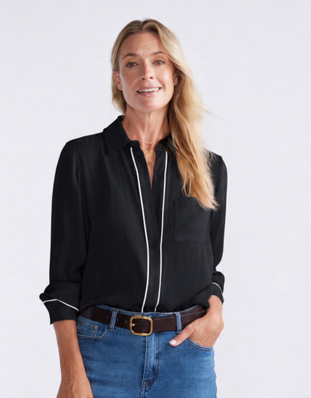 Charlize Drape Shirt - Black/White Piping