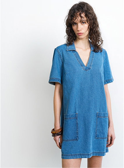 Archie Blue Denim Patch Pocket Short Sleeve Mini Dress