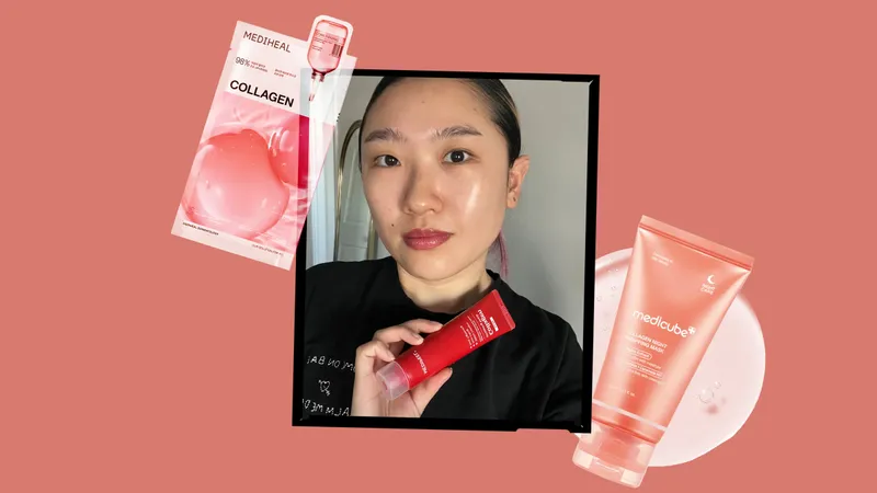 Image contains  an Allure editor holding her favorite collagen mask surrounded by a collage of other collagen masks on a pink background