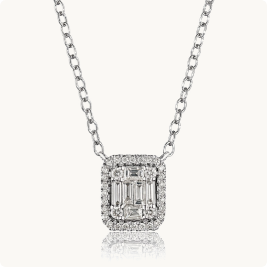 Baguette & Round Rectangle Diamond Cluster Necklace in 14k White Gold