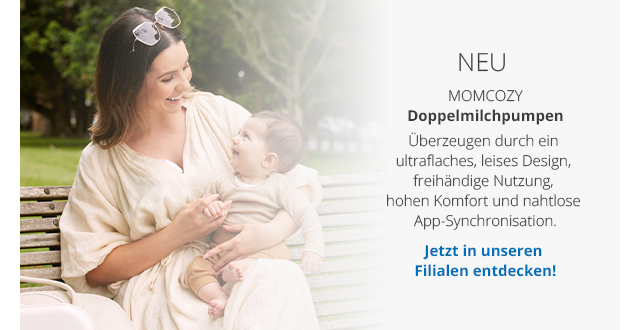 NEU  Doppelmilchpumpen von Momcozy Überzeugen durch ein ultraflaches, leises Design, freihändige Nutzung, hohen Komfort und nahtlose App-Synchronisation. - Jetzt in unseren Filialen entdecken!