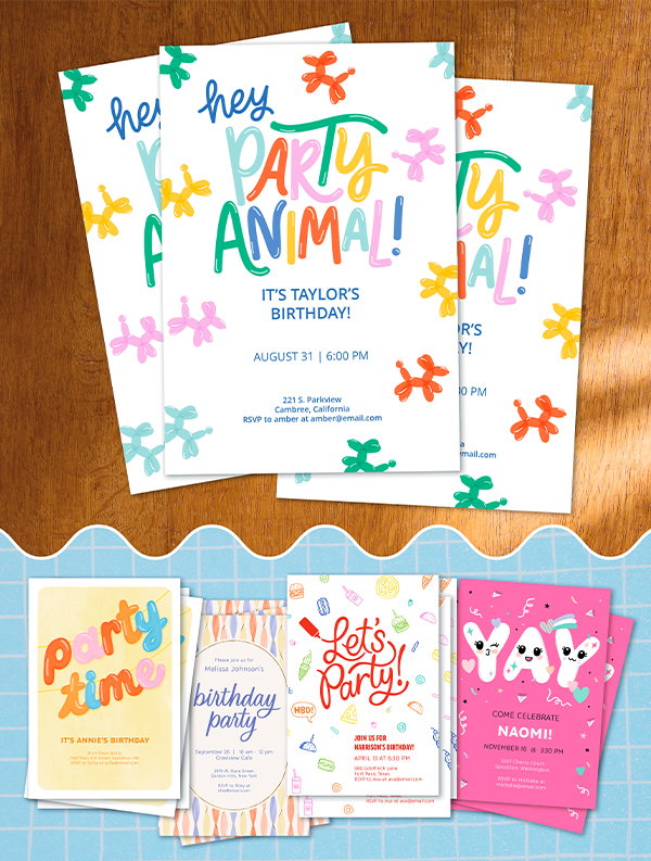 Custom party invites with balloon animals.