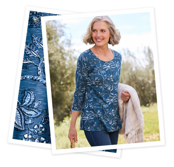 Slub Knit Floral Sketch ¾ Slv Tunic