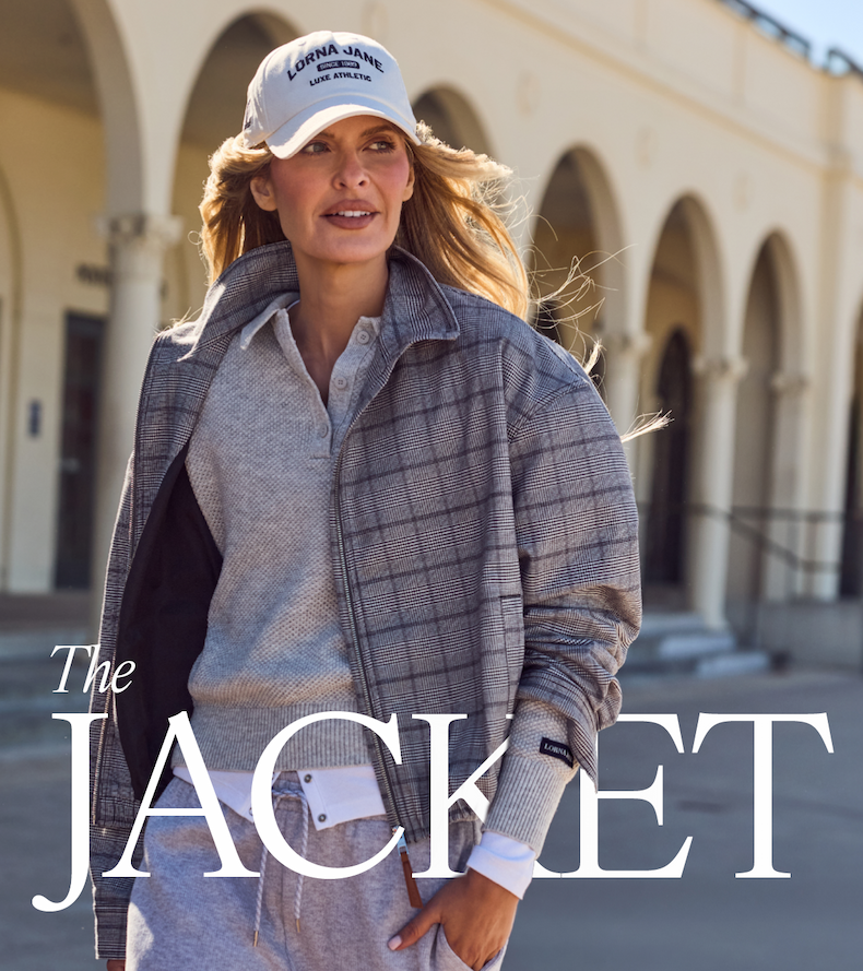 Elle Ferguson wearing the Studio Jacket in Grey Mini Check