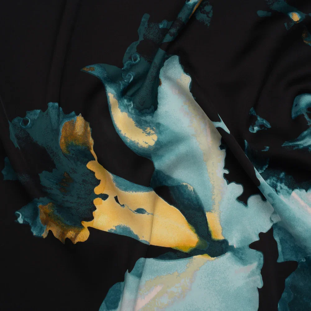 Image of Stretch Polyester Charmeuse - Black, Blue and Yellow Abstracted Watercolor Florals - Designer Deadstock