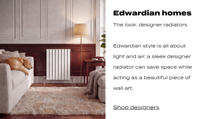 Slim white designer radiator in a cosy living room with wood panelling, a floor lamp, side table, and a dog resting on a sofa.