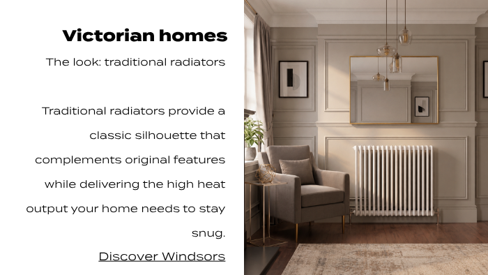 White column radiator in a classic living room with decorative wall mouldings, an armchair, and a large gold-framed mirror.