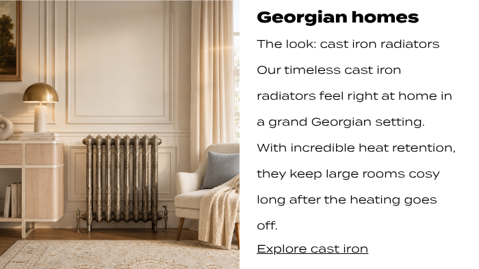 Traditional cast iron radiator in a bright, elegant living room with classic wall panelling, a side table, and an armchair.